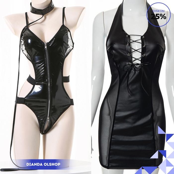 LINGEIRE SEKSI KULIT PU BACKLESS MINI DRESS MODEL EROPA AMERIKA PILIHAN TERPOPULER