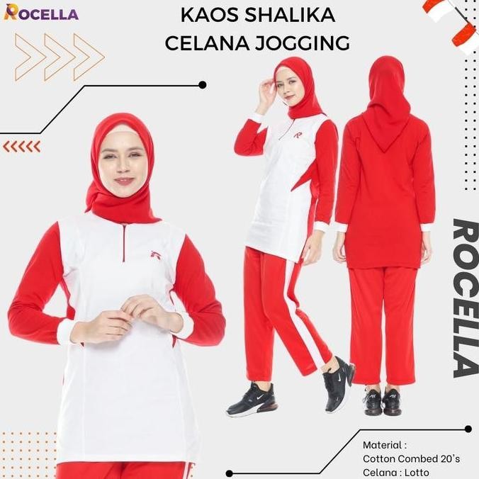 Setelan Baju Senam Wanita Kaos Olahraga Lengan Panjang Merah Putih PS