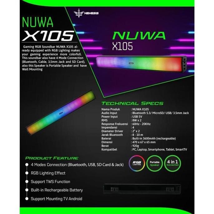 Murah Nyk Nemesis X105 X-105 Nuwa Portable Wireless Speaker Bluetooth 5.3 Gaming Soundbar Led Wall M