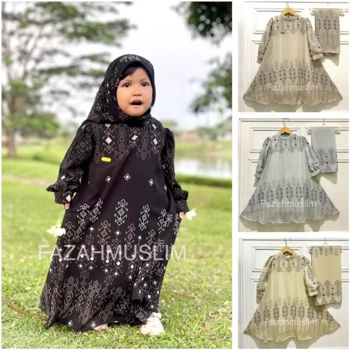 Tersedia Gamis set hijab anak bahan ceruti. Baju muslim anak. Set hijab anak Ceruty Nyaman Motif Can