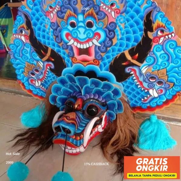 [New Barongan Kayu] Barongan Barongan Telon Biru Full Kayu Waru Ukuran 17-18 Ukir Alus 