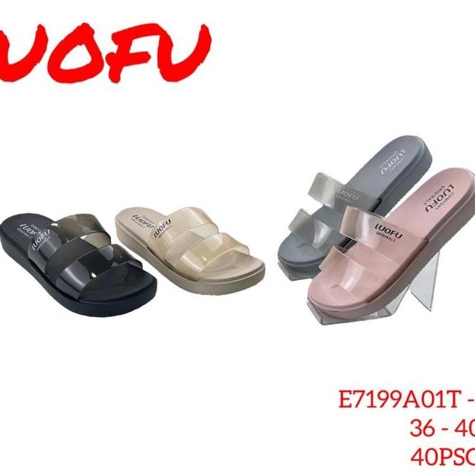 Tersedia Sendal Wanita Dewasa Slop Ban Dua Transparan Bening Luofu Wanita E7199A01T-BRB24 Karet Sand