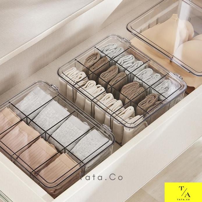 

Terlaris Tata-Raia Box Kotak Organizer Storage Sekat Tempat Simpan Pakaian Dalam Aksesoris Kaos Kaki Akrilik Transparan Bening Dengan Penutup Serbaguna