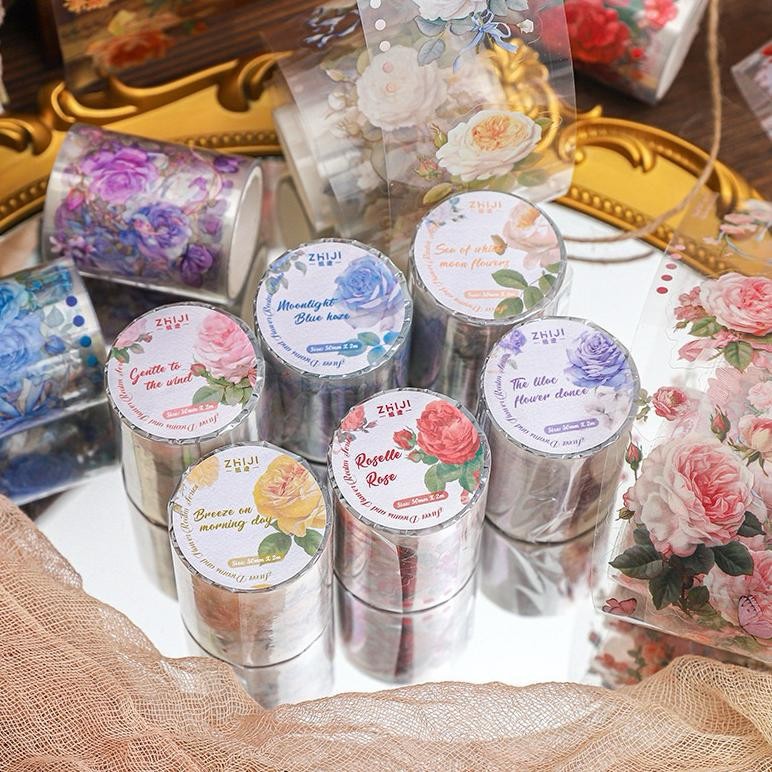 

(1BB) washi tape selotip transparan kiss cut bunga mawar colorful rose flower journaling AST