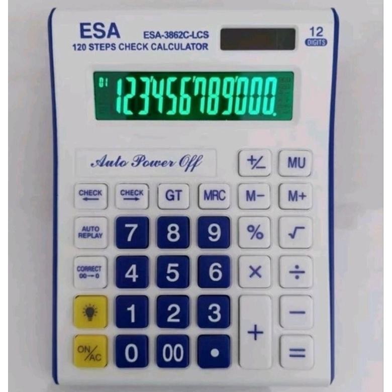 

KALKULATOR ESA 3862 LCS LAYAR LCD LED 12 DIGITS 120 STEP/KALKULATOR ESA LAYAR NYALA LCD LED AST