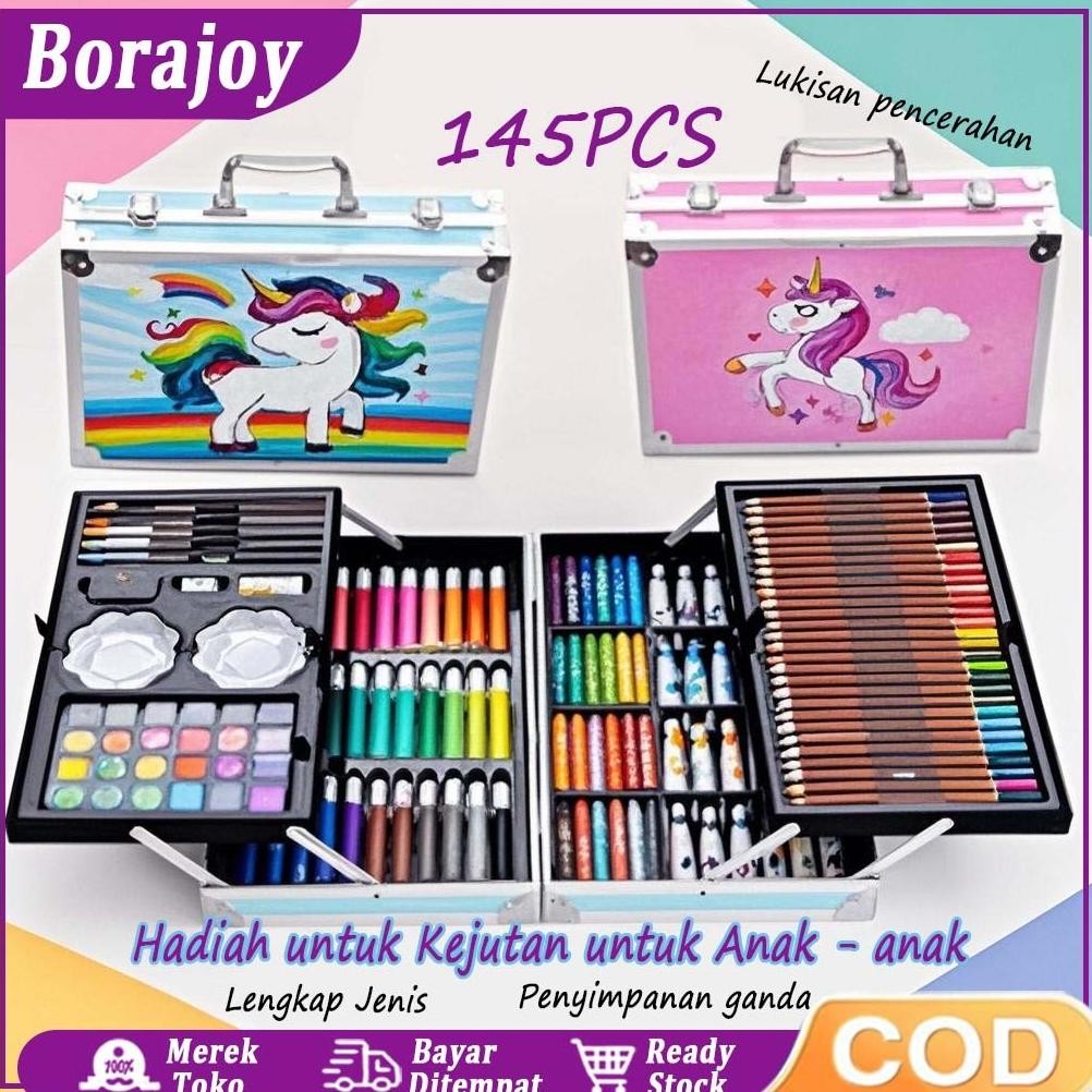

Crayon Set 145pcs Koper Aluminium Besi Krayon Pensil Warna 145 Pcs Box Alat Lukis Anak Koper Set AST