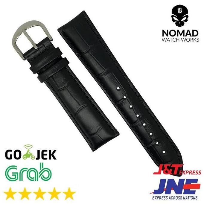 Tersedia 19 MM - STRAP KULIT BUAYA STAMP - TALI JAM KULIT - HITAM - SILVER