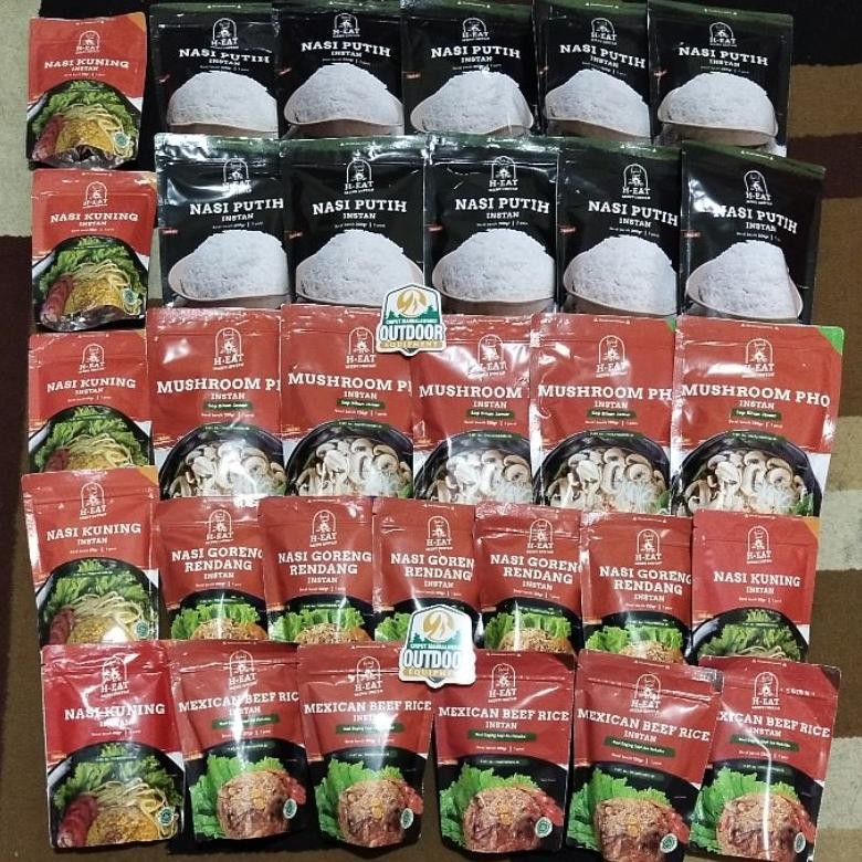 

Ready Makanan Instan H Eat Makanan Gunung Nasi Putih, Nasi Kuning, Mashroom Pho, Nasi Goreng Rendang