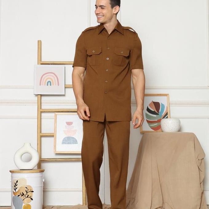 Seragam Blazer Pria Safari Asn Pns Model 3301 Lengan Pendek Warna Khaki, AbuTua, Navy, Hitam Dan Put