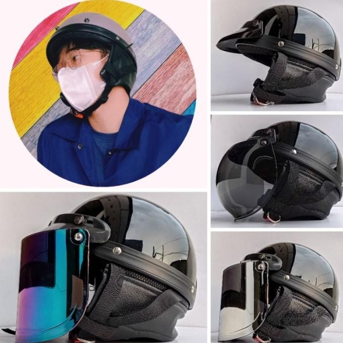 [Allthebest] Helm Chips Cetok Retro polos Hitam glossy kaca datar Flat visor-helm