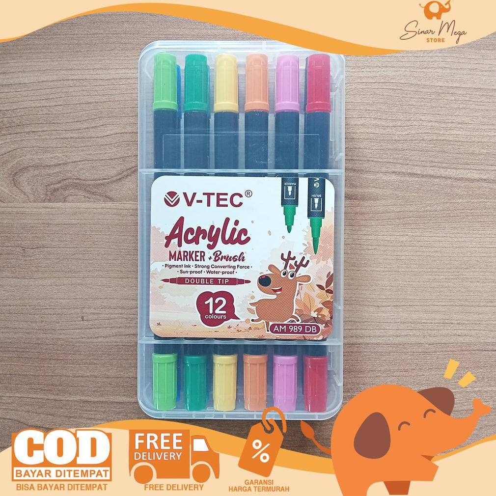 

VTEC Acrylic Marker Brush 12 color AM 989 DB Spidol Akrilik Warna 2 in 1 Waterproof Murah
