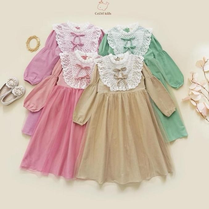 Sale Celvekids - Jihan Dress Gamis Raya Anak Perempuan Korean Style Bahan Linen + Tulle Usia 1-8Th