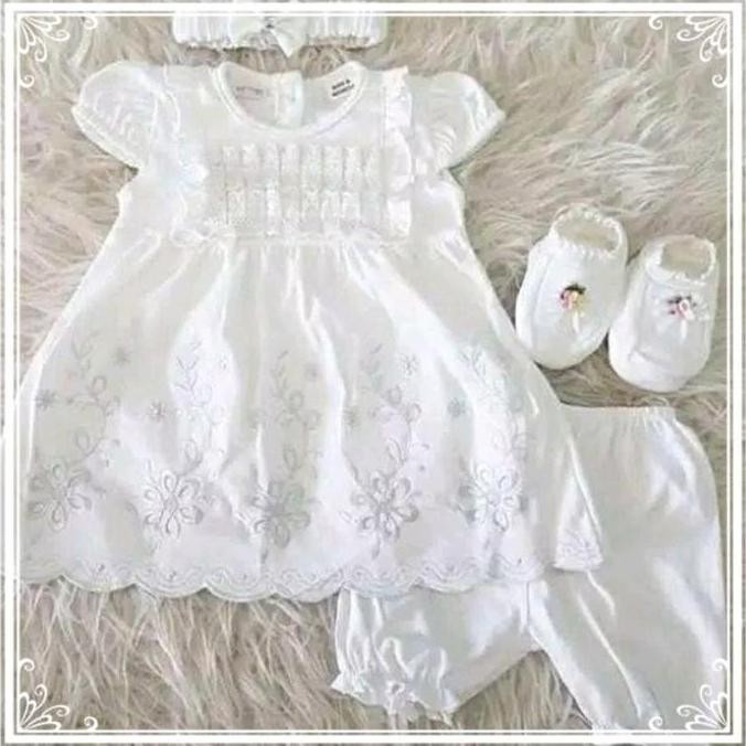 Tersedia Dress Bayi Perempuan Newborn Putih/Baju Aqiqah Bayi Putih Set