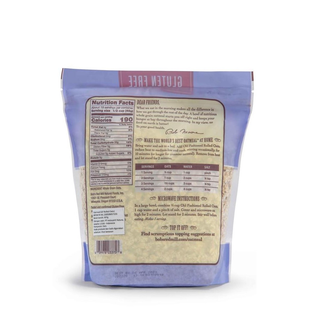 

Bob'S Red Mill Gluten Free Old Fashioned Rolled Oats Whole Grain 907 G Terlaris