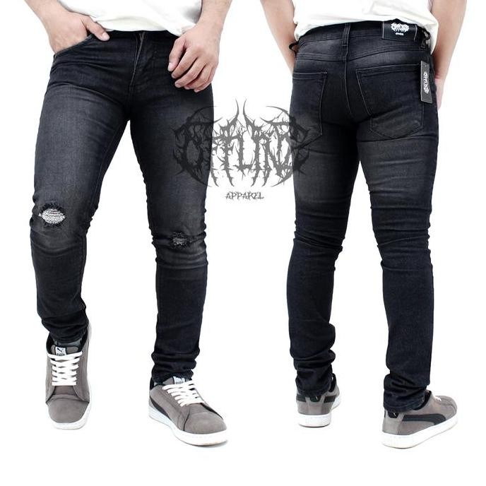OFFLINE CELANA JEANS PRIA SOBEK LUTUT Slim fit Distro Denim Straight / Grey Hitam Melar Panjang daps