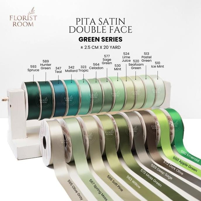 

ready stock Pita Satin Double Face 2.5cm x 20yard Green Series