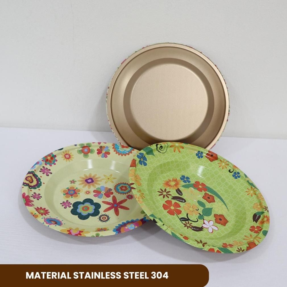 Promo 1 Lusin Piring Alumunium Piring Stainless Motif Bunga Colorfull - Piring Panjang - Piring Saji