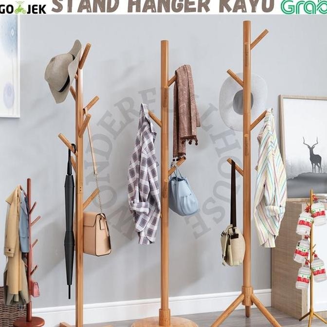Standing Hanger Kayu Gantungan Baju Topi Tas Serbaguna Gantungan Kayu
