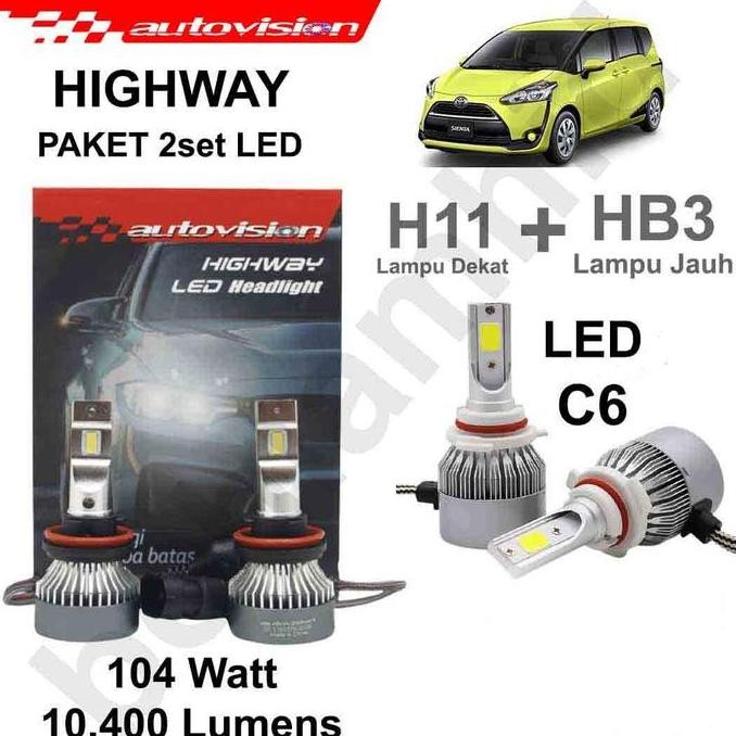 ready Paket LED SIENTA Autovision Highway Lampu Dekat H11 + Jauh HB3 Putih