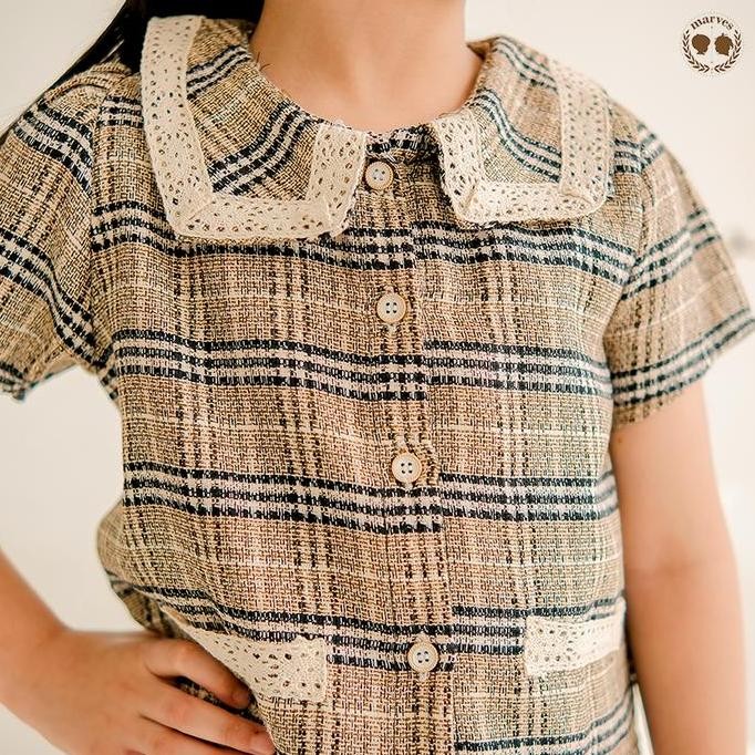 Murah Marves - Donna Setelan Dan Atasan Anak Perempuan Korean Style Bahan Tweed Motif Kotak / Set Co