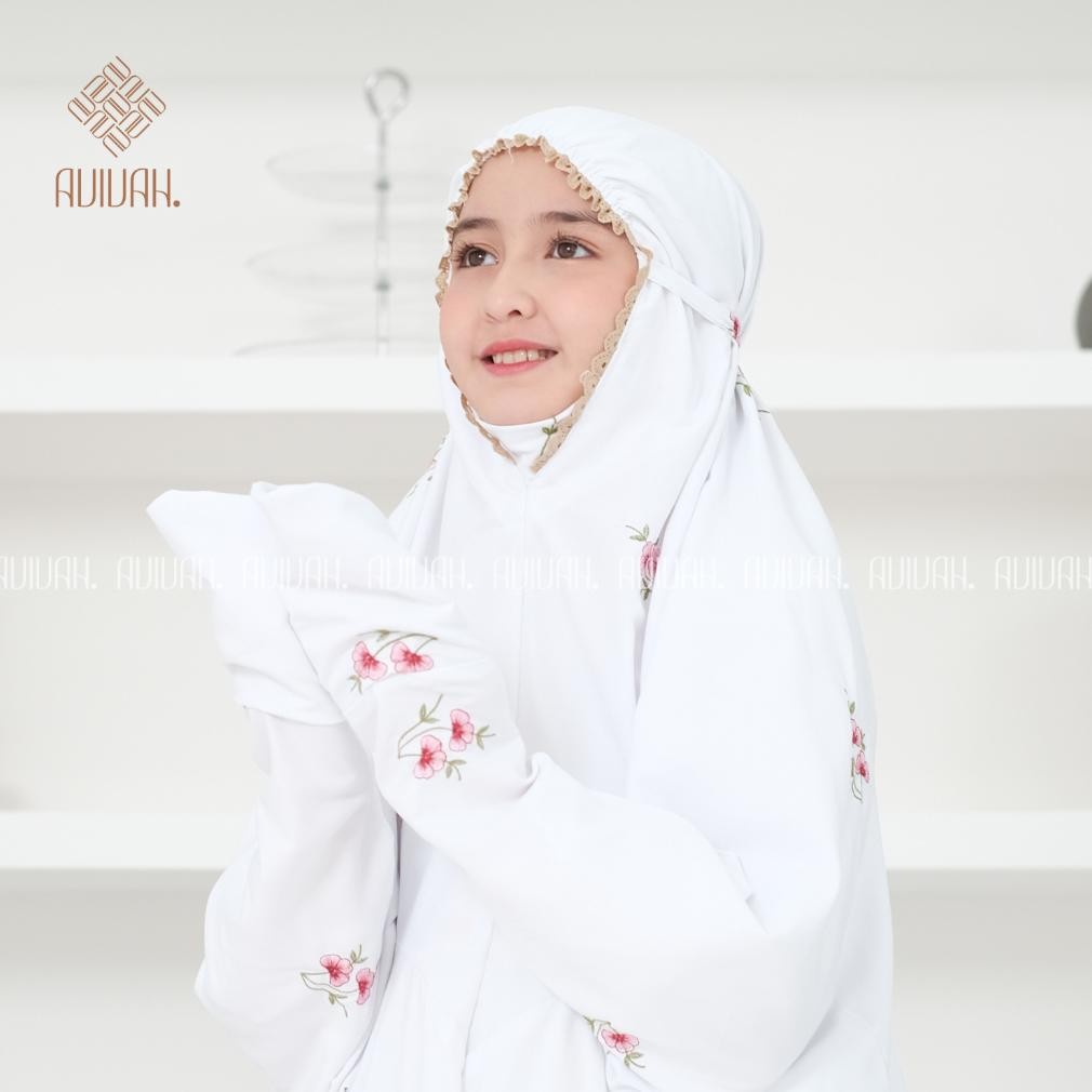 AVIVAH - Mukena Anak Terusan Warna Putih Bordir | Mukenah Remaja Tanggung Santri Katun Adem Lembut A