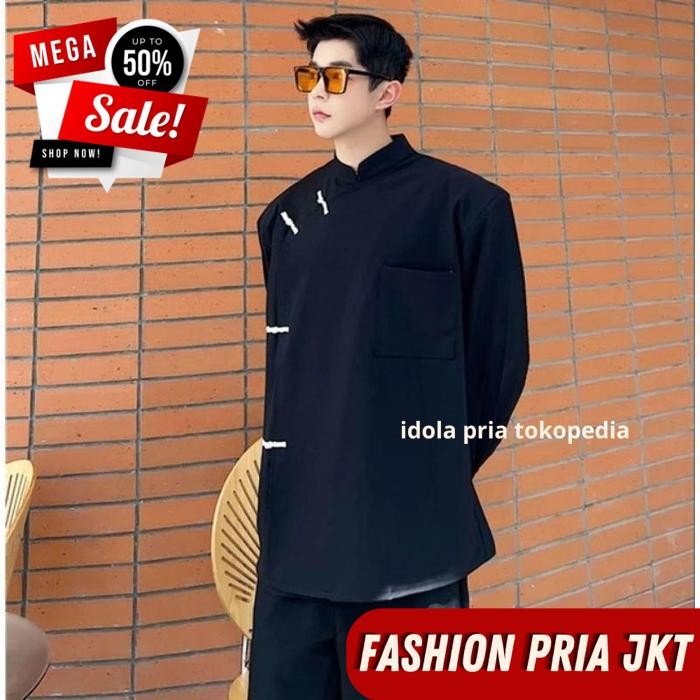 CHEONGSAM KOREAN STYLE KAOS PRIA KATUN HITAM PUTIH / CHEONGSAM KOREAN STYLE KAOS PRIA KATUN HITAM PU