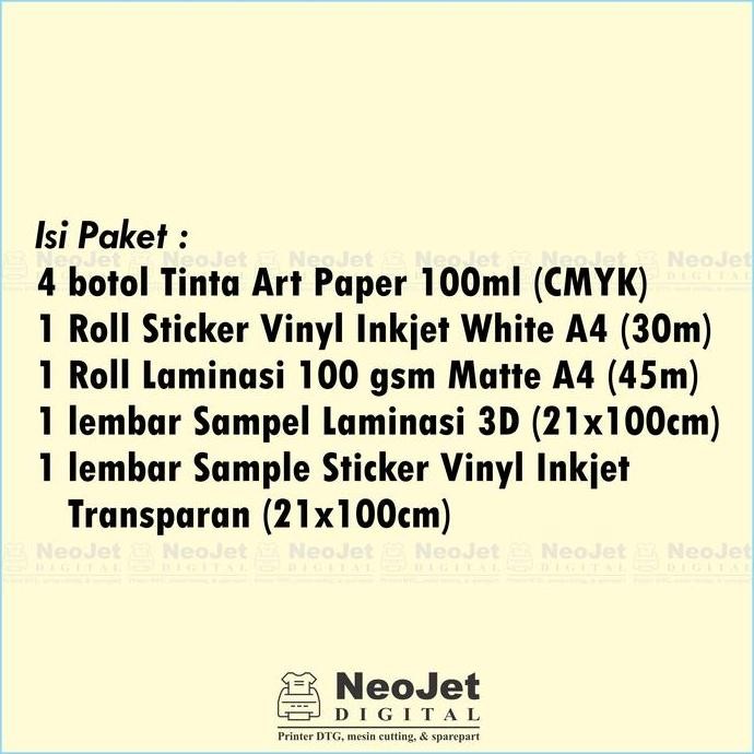 

Paket Tinta Artpaper Sticker Vinyl Inkjet Laminasi 100 Gsm Matte A4 Co
