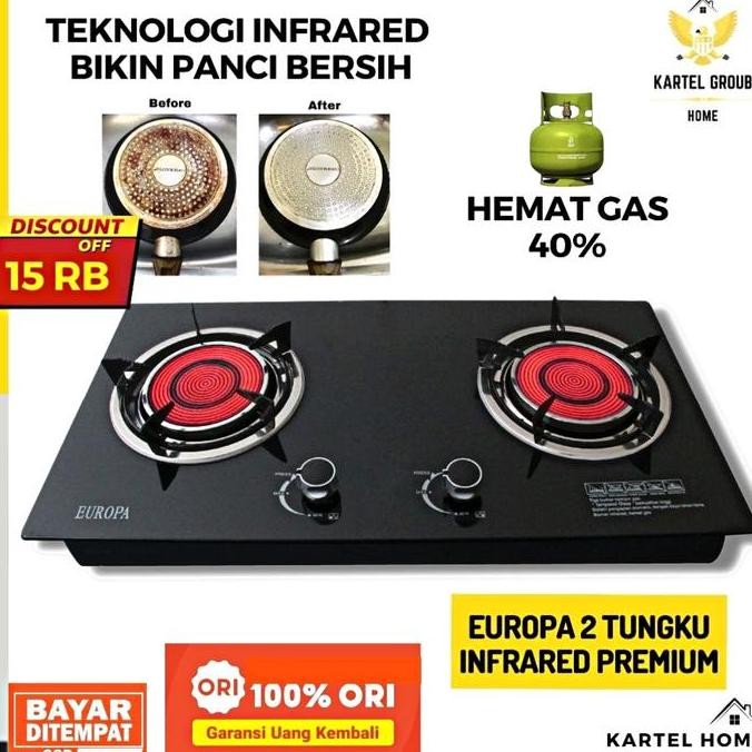 TERMURAH - EUROPA Kompor Tanam Kaca 2 Tungku Infrared Hemat Gas LPG 40% Tempered