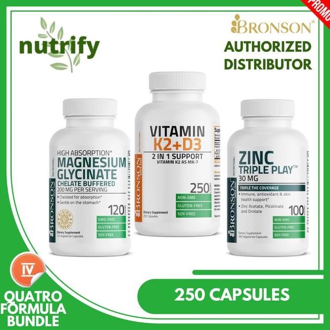 TERMURAH - Bronson Quatro Formula Bundle Vitamin K2 D3 250 Kapsul, Magnesium & Zinc