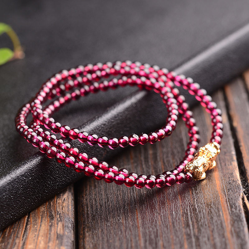 Natural7A Grade Wine Red Garnet Three-Circle Pixiu Bracelet