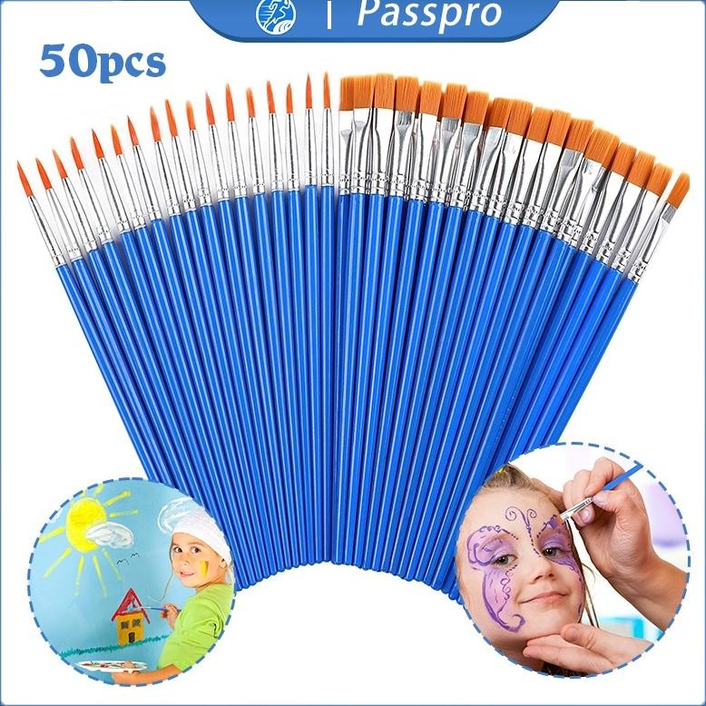 

baru 50 pcs kuas lukis akrilik & cat air - set paintbrush flat + pointed nylon brush