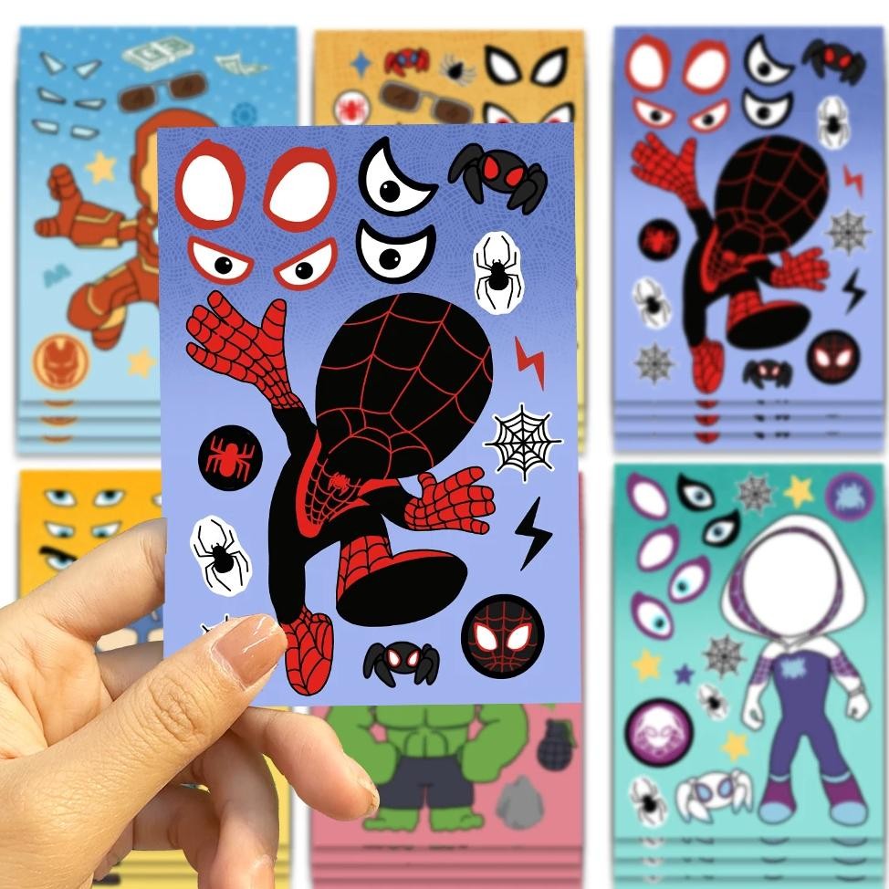 

32Sheets Children DIY Puzzle Sticker Spiderman/Iron Man Face Funny Anime Assemble Stickers Kids Toys Boys Girls Gifts