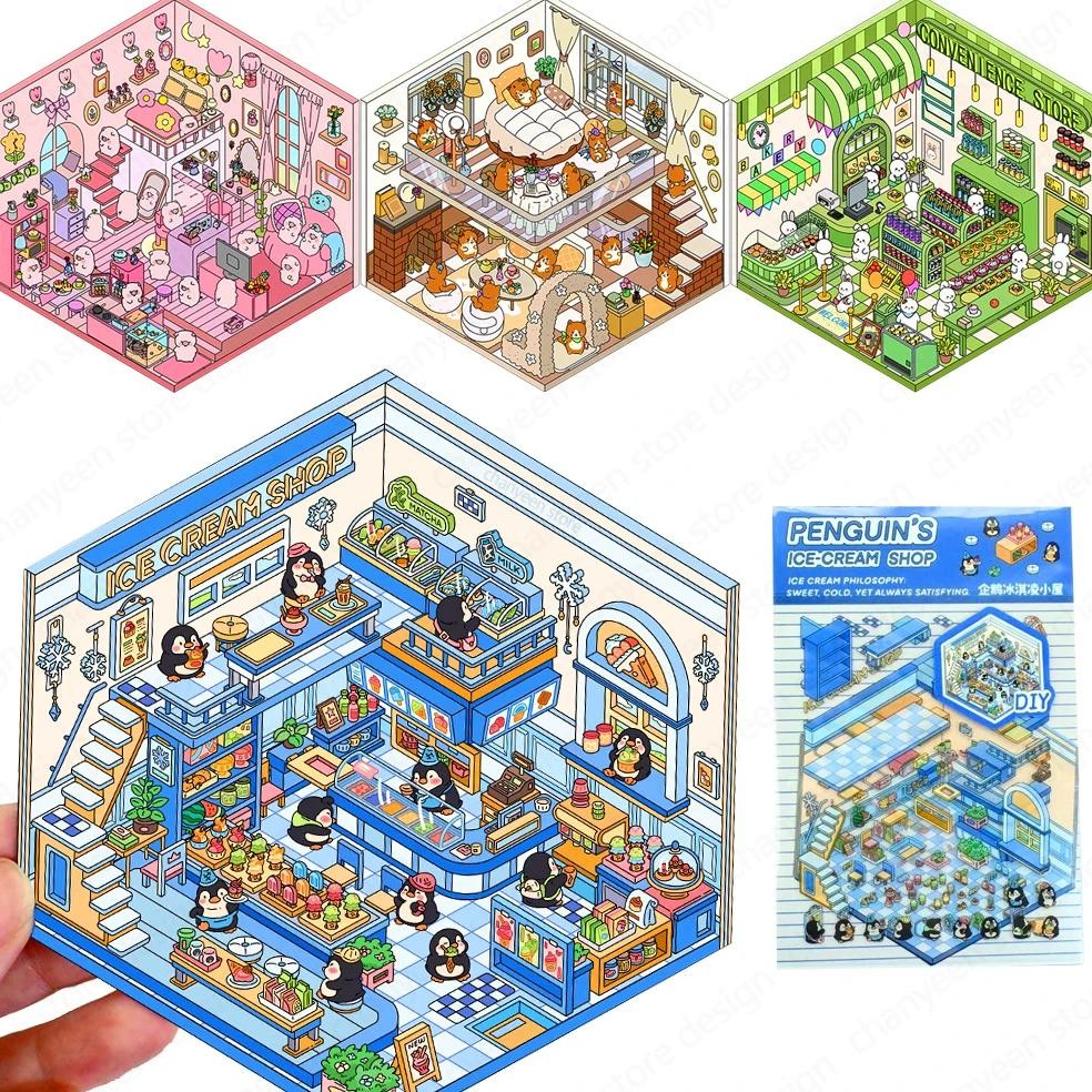 

Kawaii 3D Landscaping Stickers Cartoon Miniature Scene Visual Stacking Three-dimensional Stickers Christmas Gift for Children