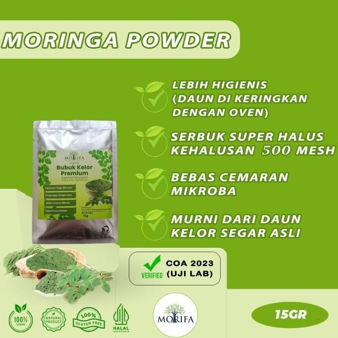 

BUBUK DAUN KELOR ORGANIK 200GR PREMIUM EKSPOR, HALUS (ADA COA HSL LAB) LJM
