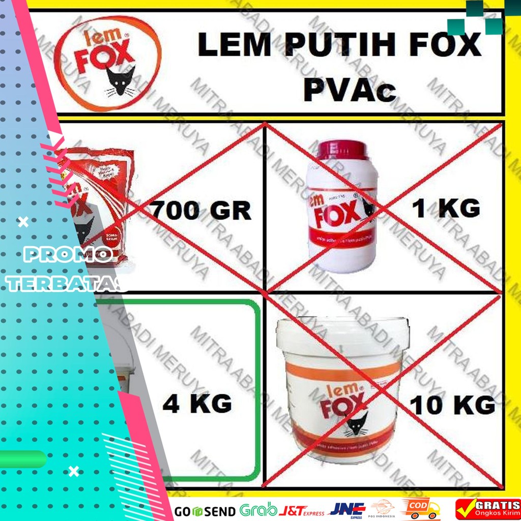

DISKON LEM PUTIH LEM KAYU LEM PVAC LEM FOX 4KG