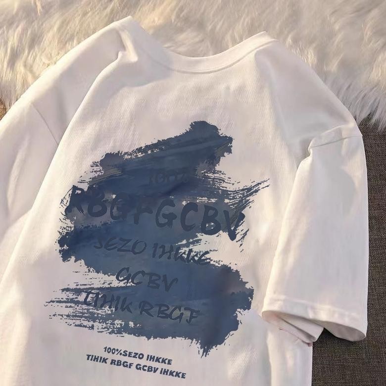 Promo Basuketo T-Shirt Kaos Oversize Pria Putih Blue Graffiti Print Baju Oversize Pria Keren Kaos Re