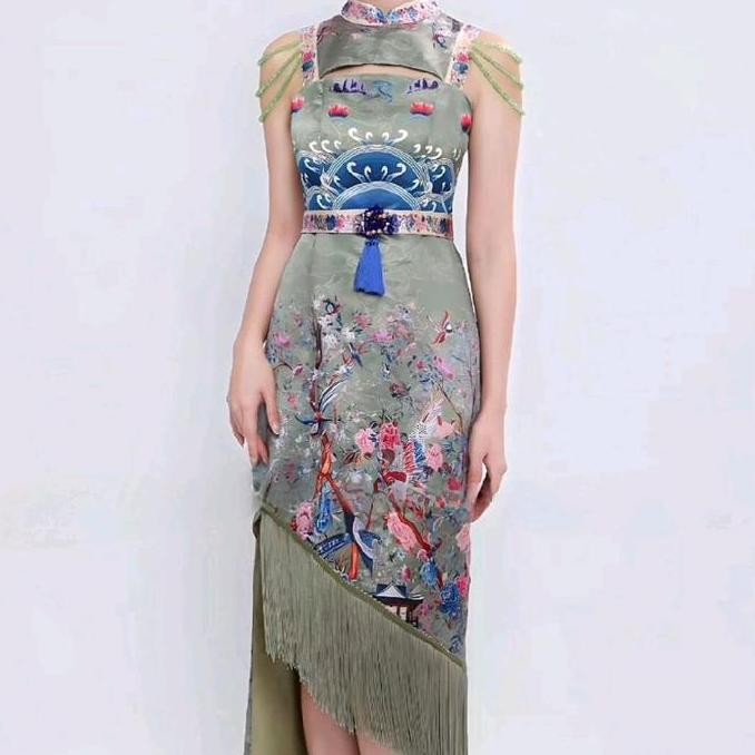 DRESS FUR RUMBAI FUR TASSEL CHEONGSAM QIPAO QIBAO IMLEK KUENI CNY SINCIA LUNAR NEW YEAR ORIENTAL CHI