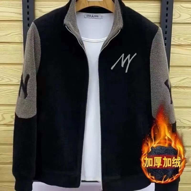 Men's Short Wool Coat Lamb Wool Thickened Embroidered Casual Jacket