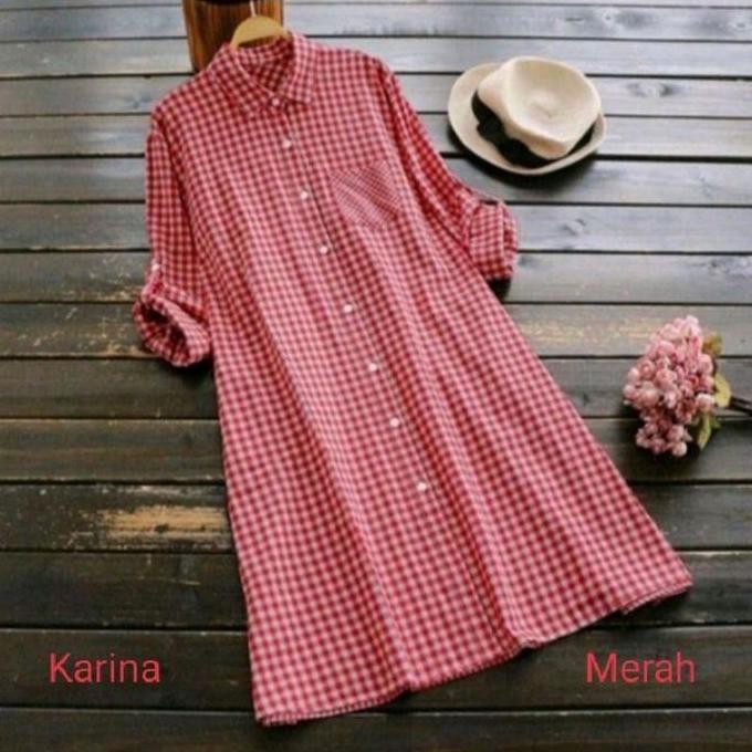 Baju Fashion Cewe Bahan Adem Dan Lembut Warna Hitam Biru Merah Putih Pink Tunik Katun Motif Kotak Ko