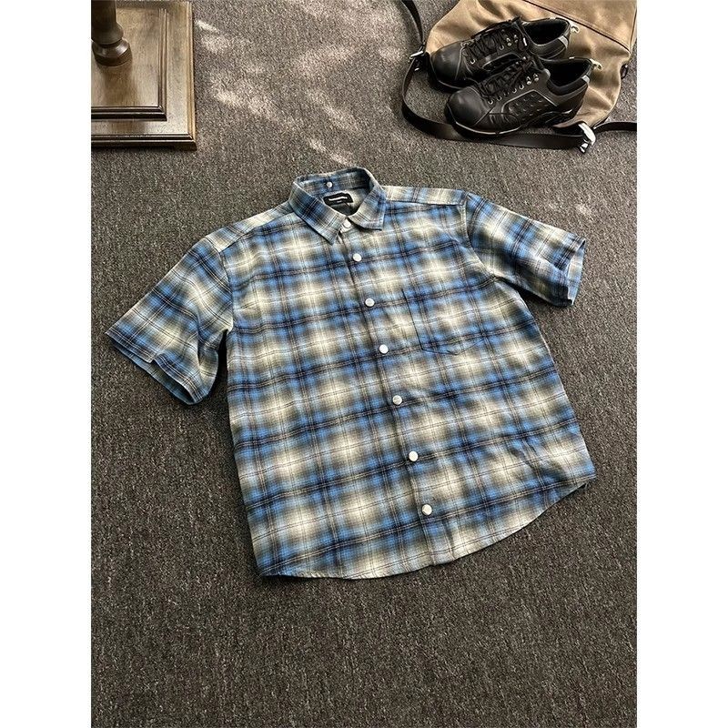 Roar Wild.YY-Kemeja Pria Lengan Pendek Kotak-Kotak Biru  Kemeja Kasual Retro Kotak-Kotak  Jaket Long