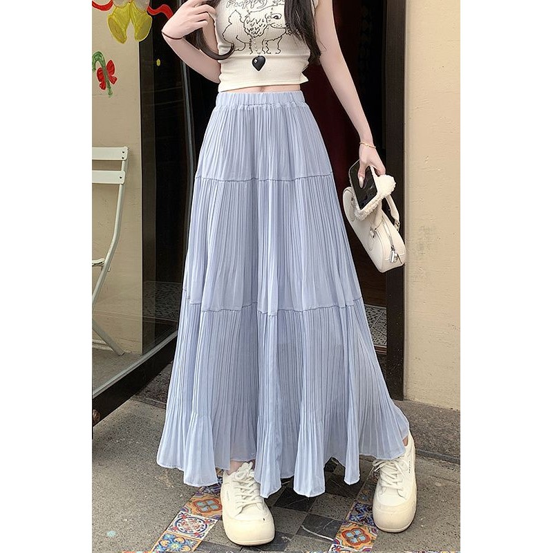 Cool GirlTren Mode Gaya Lembut Rok Kue Biru Rok Sifon Temperamen Wanita Menggantungkan Lipatan Akord
