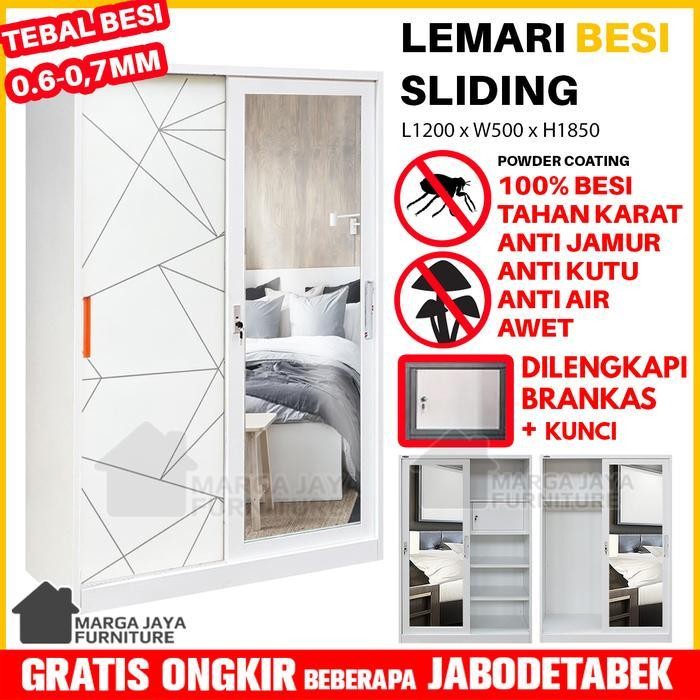 Lemari Pakaian Besi Sliding Jumbo 2 / 3 Pintu Marmer Putih Metal Wardrobe Baju Anti Jamur Rayap Term