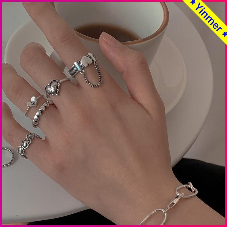 COD5 Pcs/set Cincin Wanita Rantai Desain Cinta Pearl Bunga Terbuka Retro Punk Gaya Ajustable Kreatif