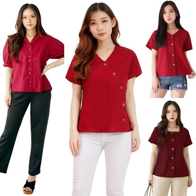 Atasan Merah Maroon Blus Polos Wanita Leher V Katun Baju Lengan Pendek Co