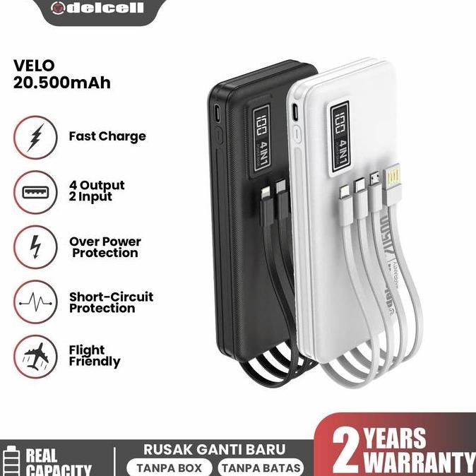 Delcell Velo Powerbank 20500Mah 10500Mah Built In Cable Fast Charger