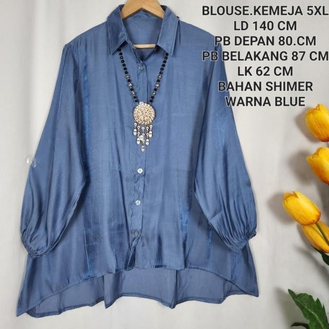 Blouse Atasan Kemeja Jumbo Ld 140 Cm Bahan Shimer Kekinian - Sage, 5Xl