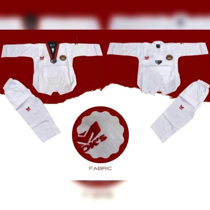 BAJU SERAGAM TAEKWONDO/DOBOK MOKS PEMULA MOK'S KERAH PUTIH/MERAH HITAM