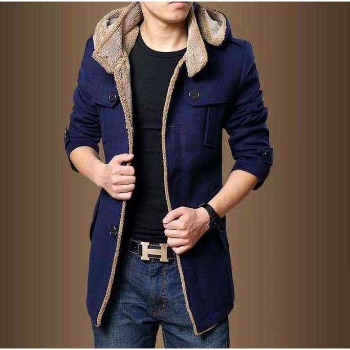 Coat Wool Suede Pria Hoodie Bisa Lepas Co