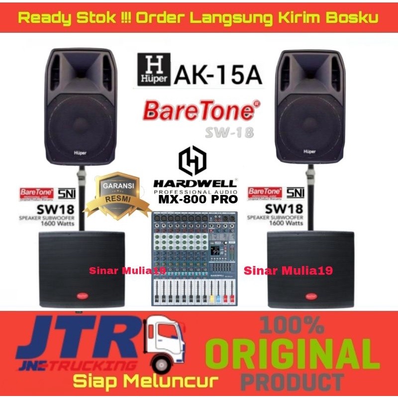 Paket Sound System Speaker Aktif Huper AK-15A 2 Unit Subwoofer BareTone SW18 Mixer Hardwell MX-800