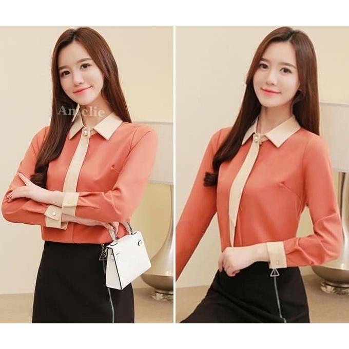 Baju Atasan Kemeja Kerja Wanita Blouse Korea Import AB537015 Orange Terlaris